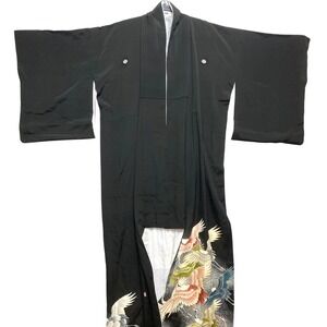 VINTAGE TENYO Silk Kimono Womens One Size Black Robe Crane Embroidery